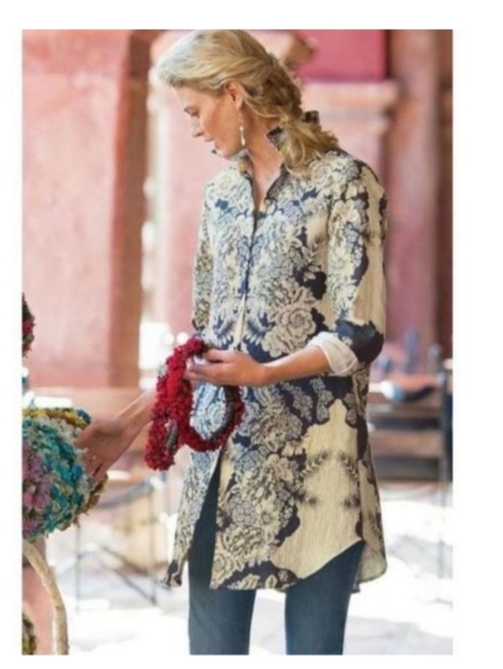 Soft Surroundings St. Remy Floral Tunic Top Large Blue Cream Pockets Cottagecore